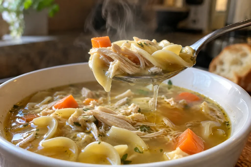 Chicken Noodle Soup Recipe: A Hearty Broth Ready in 60 Minutes 7 Spoonful of chicken noodle soup with noodles, chicken and carrots lifted