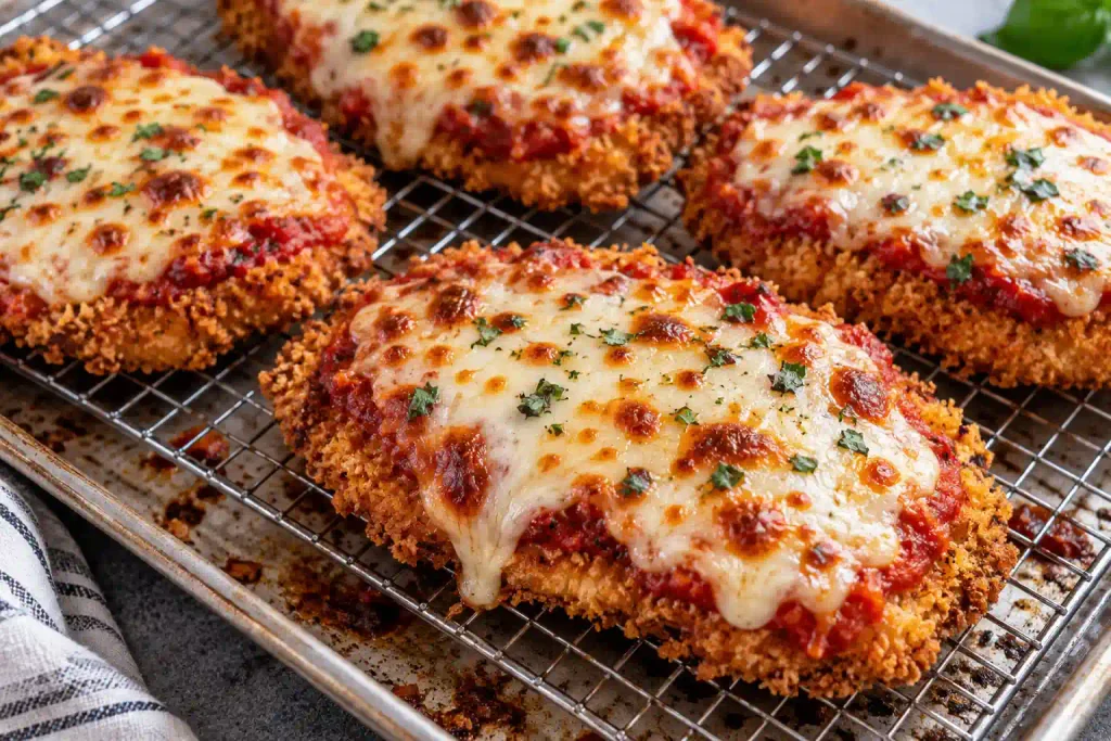 Chicken Parmesan Recipe with Crispy Cutlets in 60 Minutes 5 Oven finished mozzarella chicken cutlets with blistered cheese and a dry golden collar on a wire rack