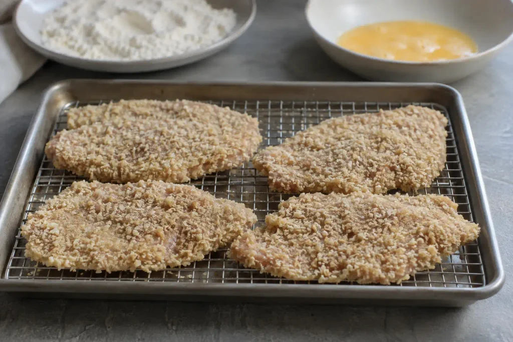 Chicken Parmesan Recipe with Crispy Cutlets in 60 Minutes 3 aded chicken cutlets resting on a wire rack for 10 minutes before they go into the skillet