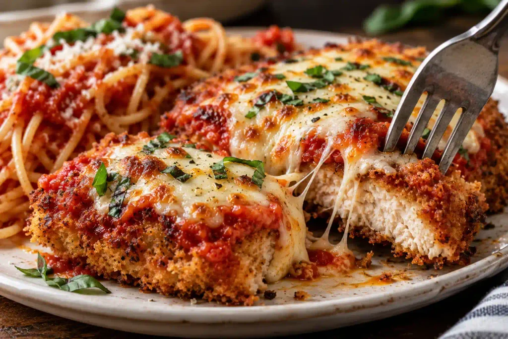 Chicken Parmesan Recipe with Crispy Cutlets in 60 Minutes 6 Fork cutting into a chicken parm cutlet to show the crunchy crumb crust and stretchy melted cheese