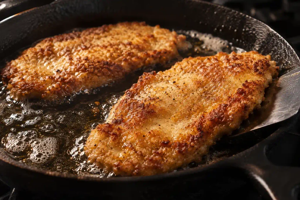 Chicken Parmesan Recipe with Crispy Cutlets in 60 Minutes 4 Pan fried chicken cutlets turning golden in a cast iron skillet as a thin spatula lifts one corner