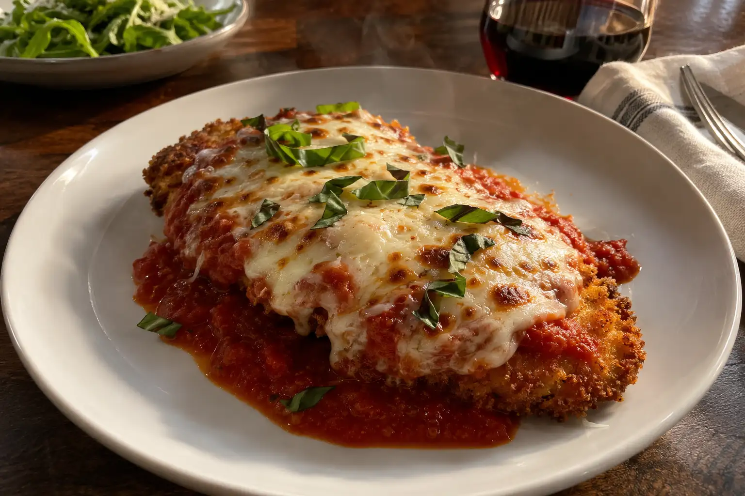 Chicken Parmesan Recipe with Crispy Cutlets in 60 Minutes 7 Chicken parmesan cutlet with melted mozzarella and a crisp golden crumb border on a white plate