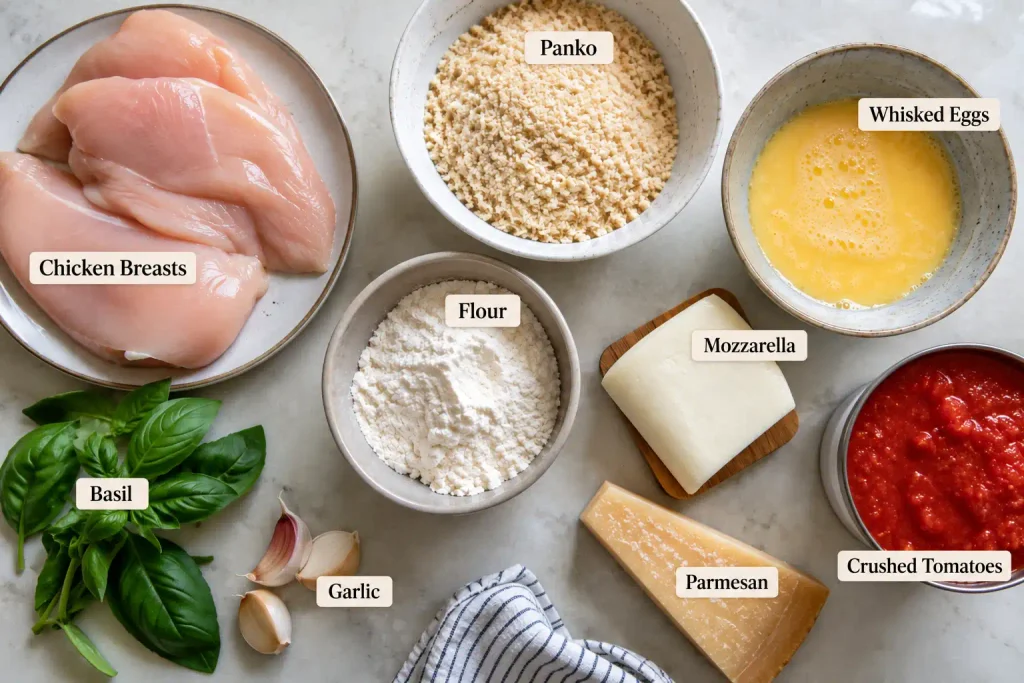 Chicken Parmesan Recipe with Crispy Cutlets in 60 Minutes 2 Ingredients for chicken parmigiana laid out on a stone counter, ready to cook for four