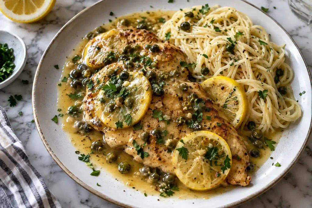 Chicken Breast Recipes: 12 Juicy Ways to Fix Weeknight Dinner 4 Chicken piccata plated with lemon slices, capers, and pan sauce