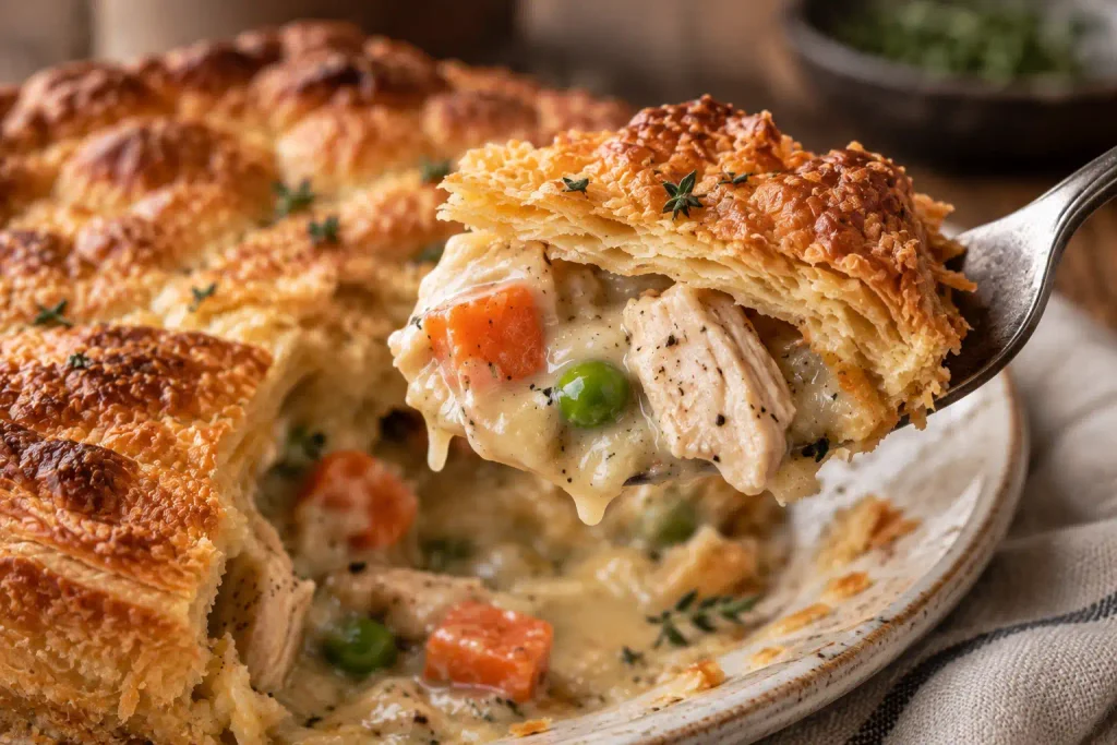 Chicken Pot Pie Recipe: Flaky, 6 Steps, One Skillet 7 Fork lifting a bite of chicken pot pie showing flaky crust and creamy filling
