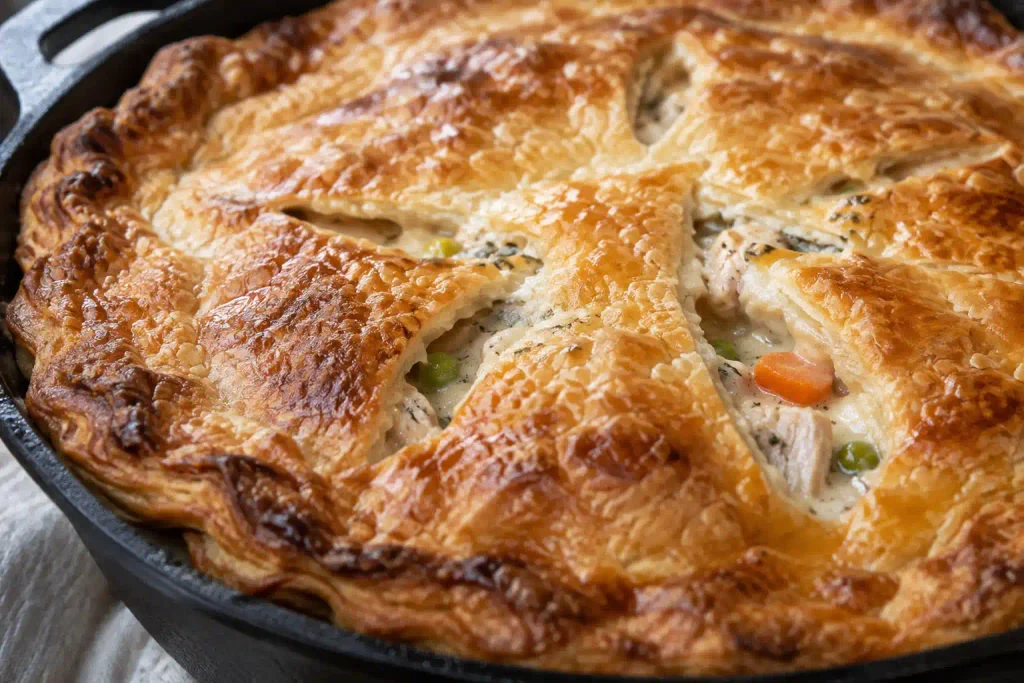 Chicken Pot Pie Recipe: Flaky, 6 Steps, One Skillet 5 Close up of golden baked chicken pot pie crust with bubbling filling visible