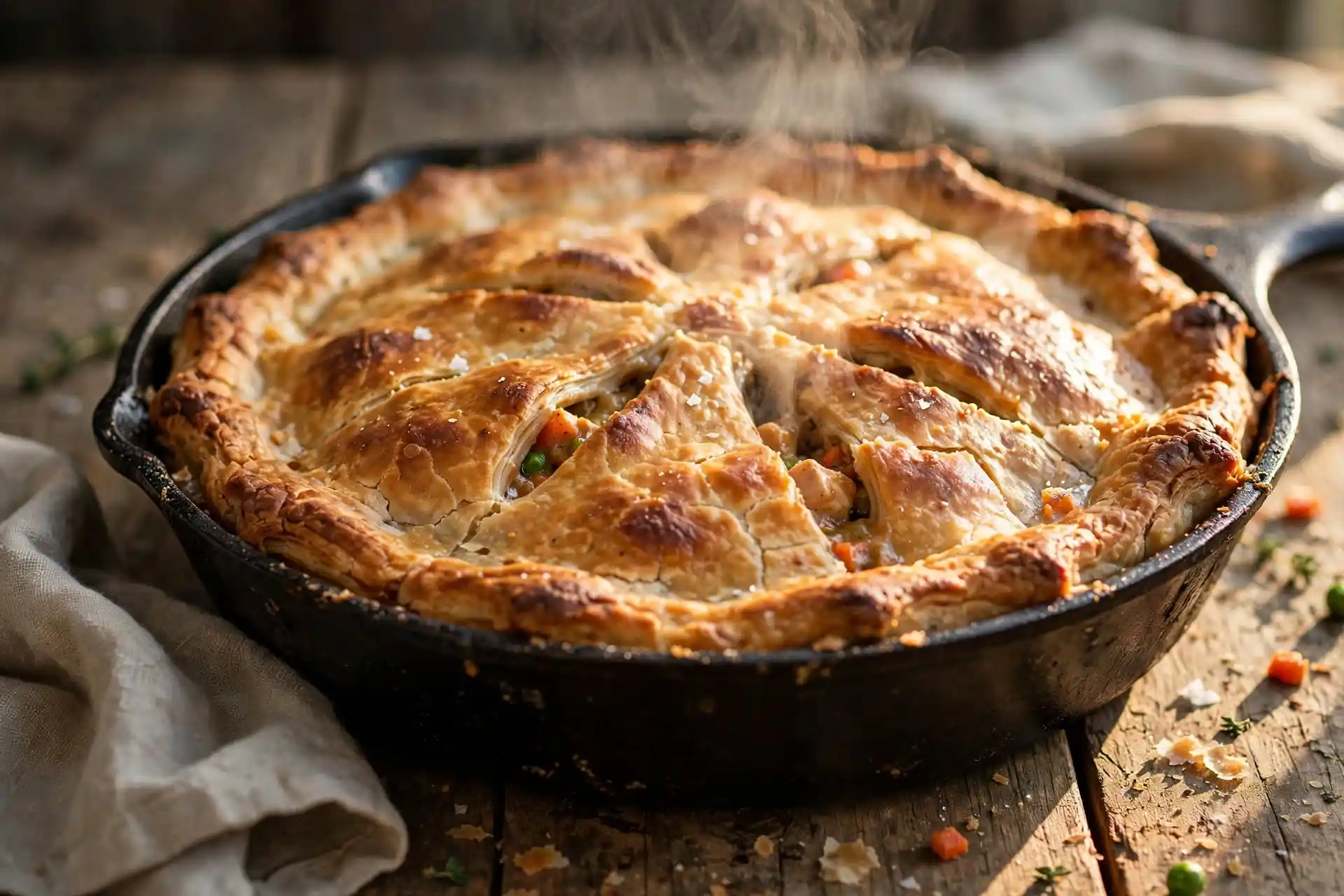 Chicken Pot Pie Recipe: Flaky, 6 Steps, One Skillet 8 Golden chicken pot pie with a flaky crust baked in a cast iron skillet