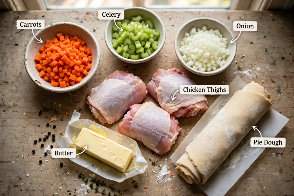 Chicken Pot Pie Recipe: Flaky, 6 Steps, One Skillet 3 Overhead flat lay of raw chicken pot pie ingredients including vegetables and dough