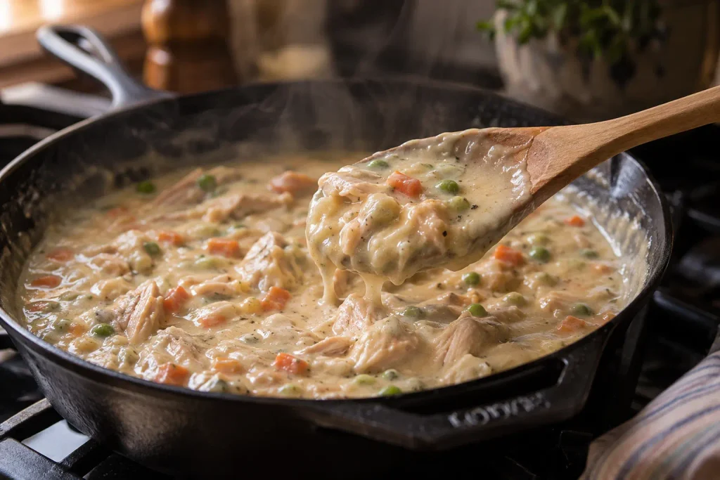 Chicken Pot Pie Recipe: Flaky, 6 Steps, One Skillet 4 Wooden spoon coated in thick chicken pot pie sauce simmering in a skillet