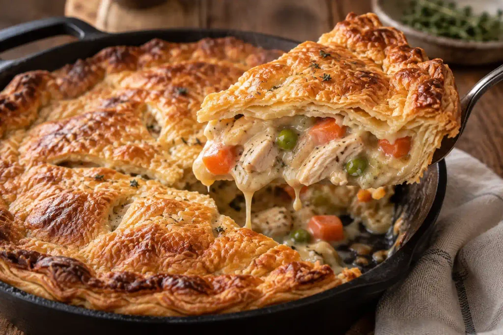 Chicken Pot Pie Recipe: Flaky, 6 Steps, One Skillet 6 Serving spoon lifting a wedge of chicken pot pie from a cast iron skillet