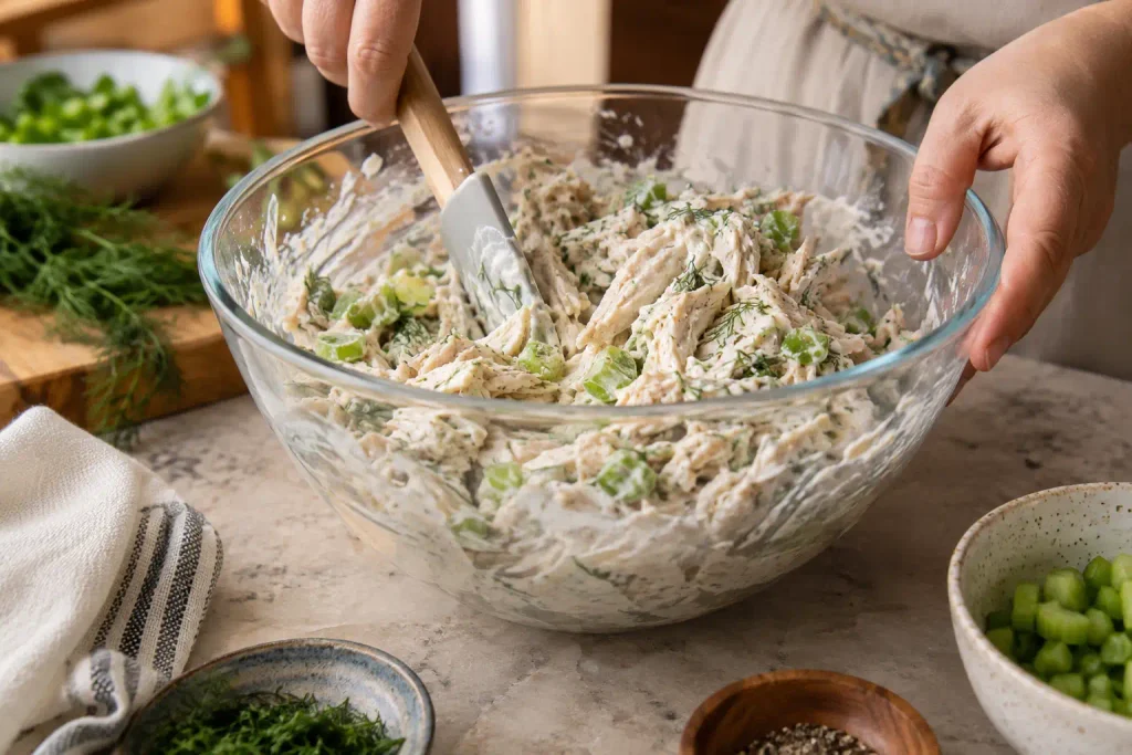 Chicken Salad Recipe: A Creamy Classic Made with 7 Ingredients 5 Folding mayo dressing into shredded chicken for chicken salad recipe