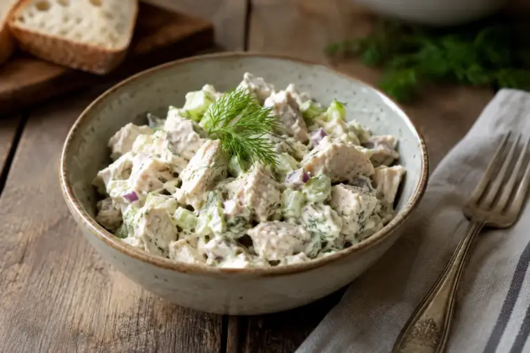 Chicken Salad Recipe: A Creamy Classic Made with 7 Ingredients 5 Bowl of creamy homemade chicken salad with celery and fresh dill on a wood table