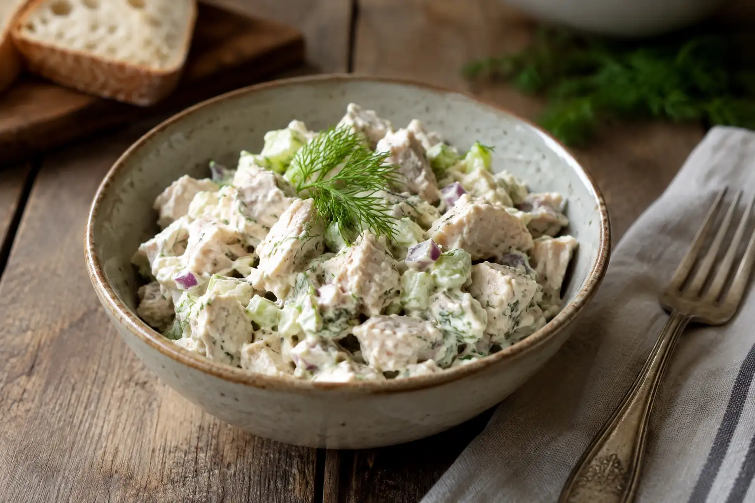Chicken Salad Recipe: A Creamy Classic Made with 7 Ingredients 8 Bowl of creamy homemade chicken salad with celery and fresh dill on a wood table