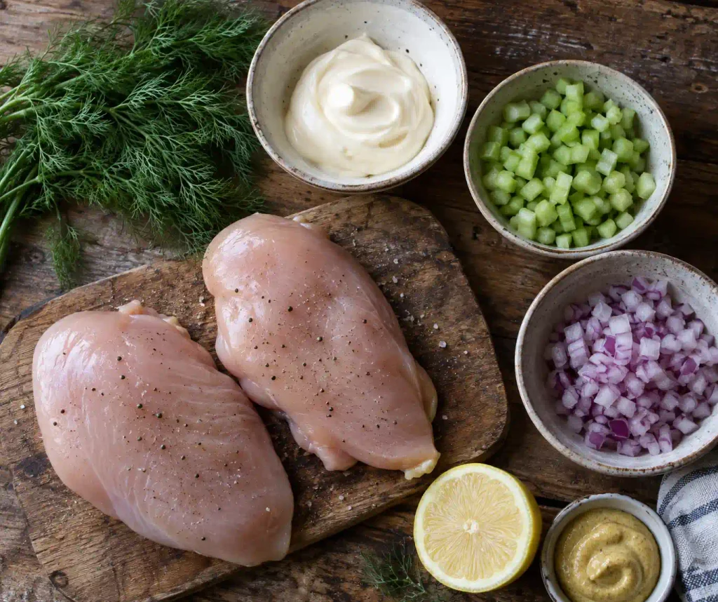 Chicken Salad Recipe: A Creamy Classic Made with 7 Ingredients 3 Overhead flat lay of ingredients for a homemade chicken salad recipe
