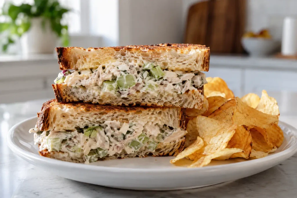 Chicken Salad Recipe: A Creamy Classic Made with 7 Ingredients 6 Chicken salad sandwich on toasted sourdough bread with chips