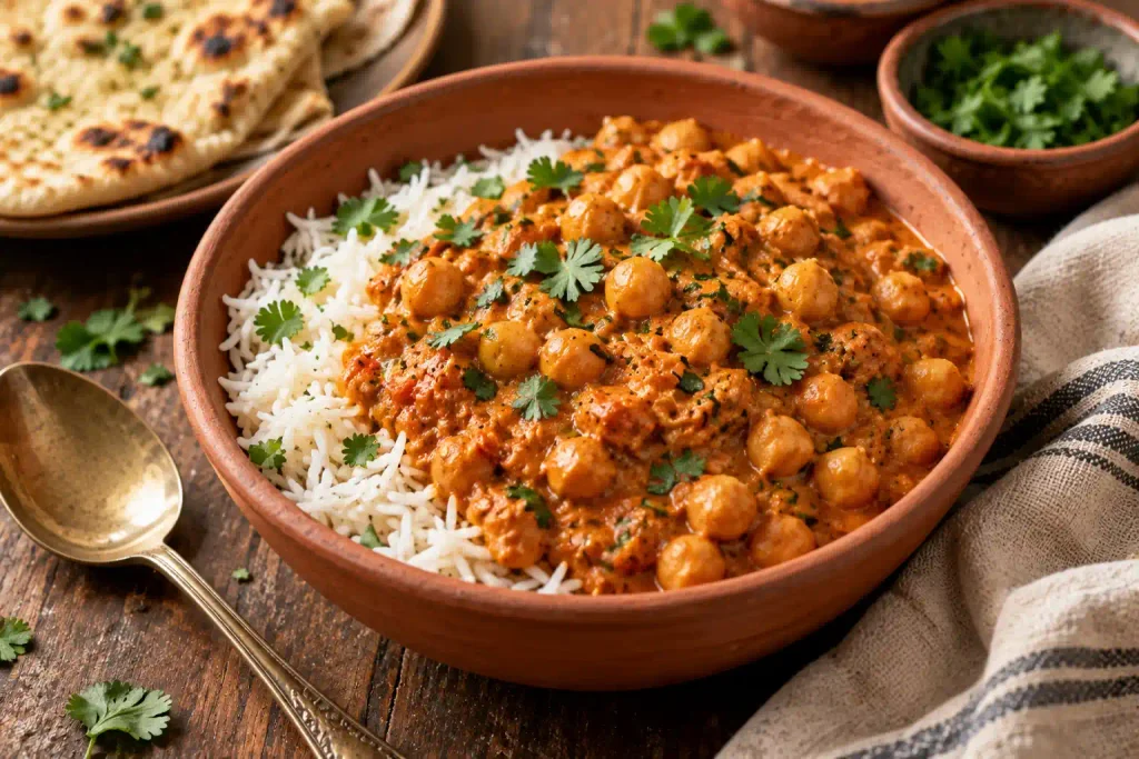 Dinner Ideas: 12 Easy Recipes for Fast Nights and Slow Ones 7 Chickpea curry ladled over basmati rice in a terracotta bowl with torn cilantro