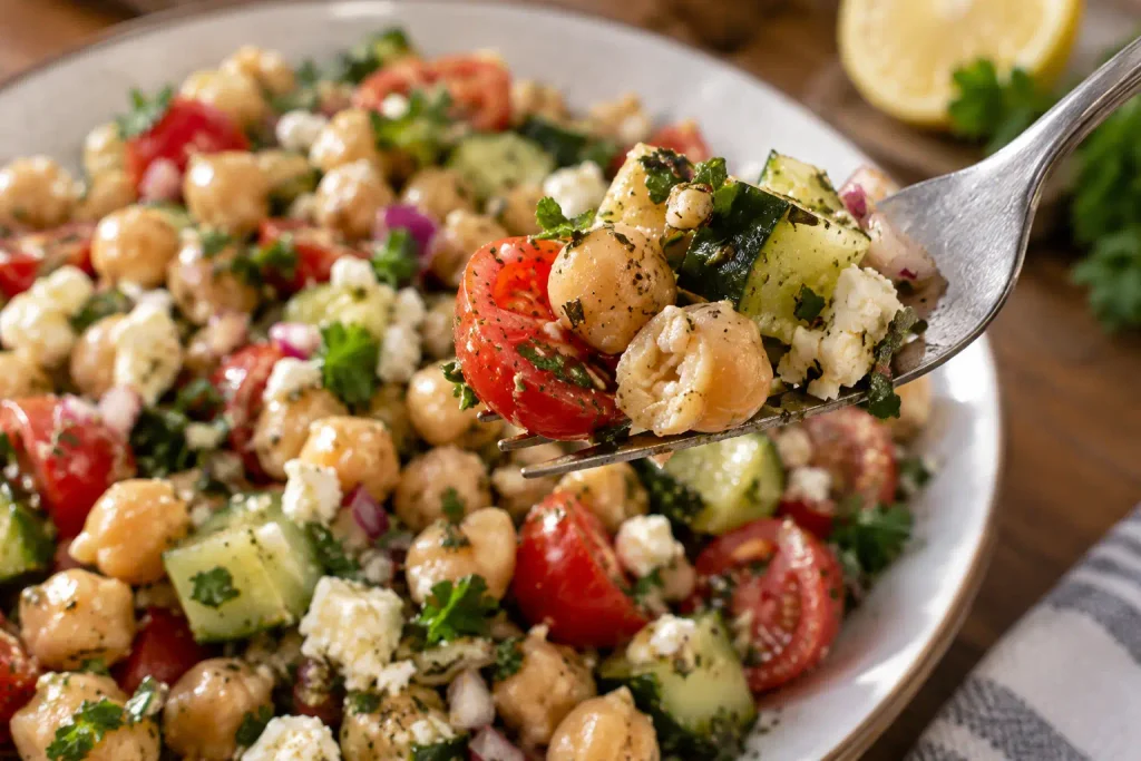 Fork holding one bite of chickpea salad with feta, a split chickpea and cucumber
