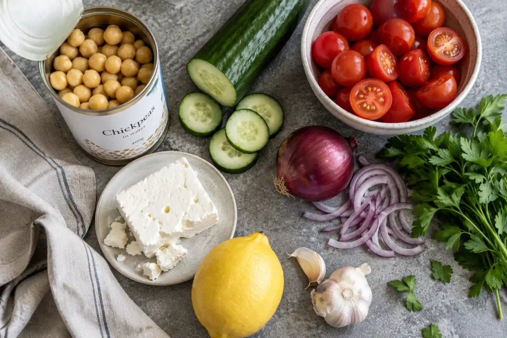 Ingredients for a cucumber chickpea salad laid out on a grey stone board