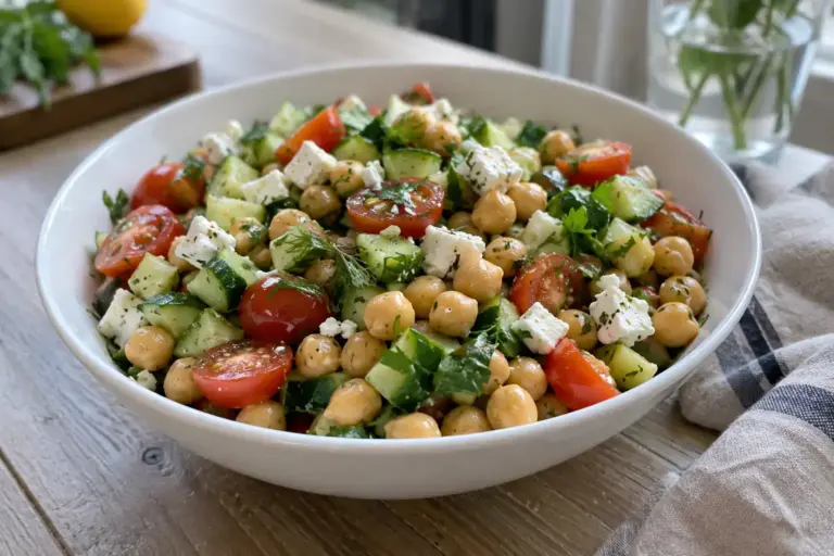 Chickpea Salad Recipe: Easy Zesty Bowl in 30 Minutes 1 Bowl of lemon herb chickpea salad with cucumber, cherry tomatoes and feta on a linen napkin