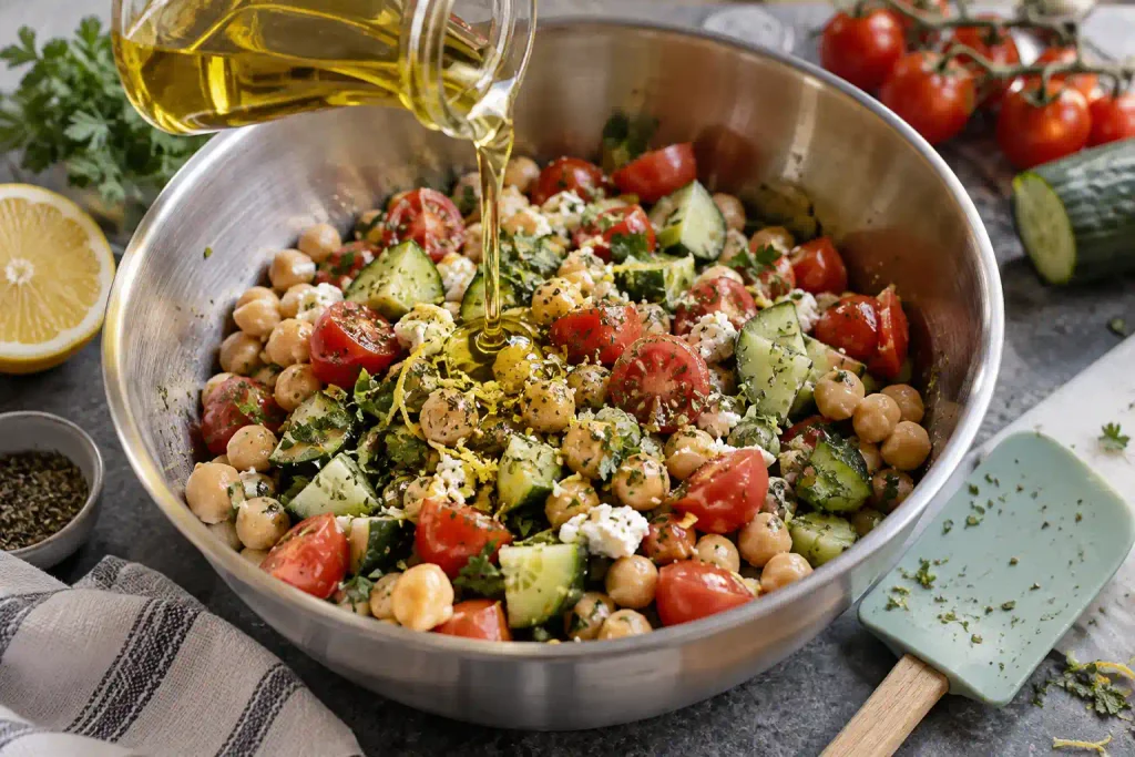 Olive oil poured over a chickpea and cucumber salad in a stainless bowl, zest visible on the chickpeas