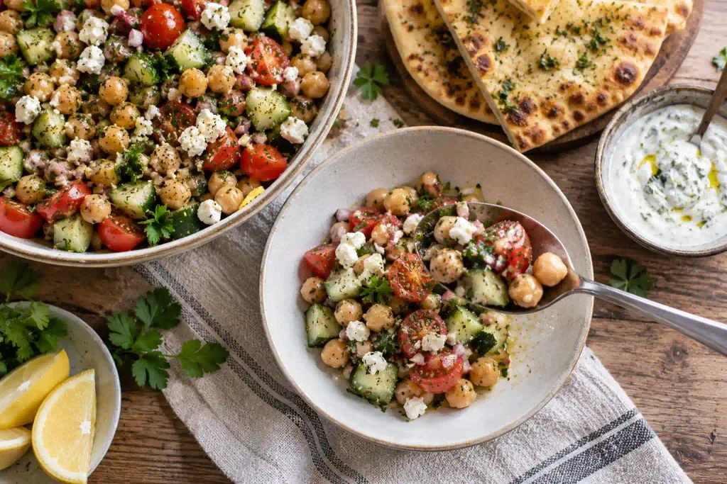 Garbanzo bean salad spooned into a shallow bowl beside warm garlic flatbread and yogurt sauce