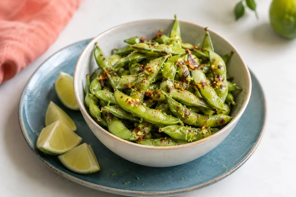 Healthy Snacks: 12 Simple Recipes to Grab Fast or Make Ahead 4 Steaming edamame pods with chili flakes and lime zest in a bowl with lime wedges