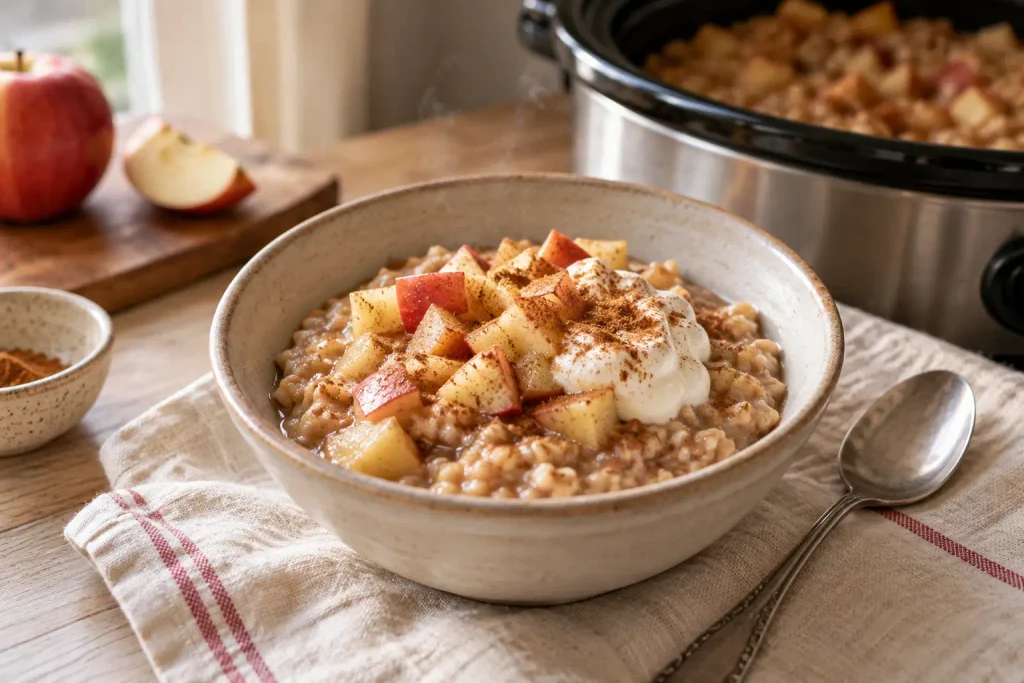 Crockpot Recipes: 12 Hearty Meals That Do the Work While You're Out 12 Ceramic bowl of oatmeal with diced apple, yogurt and a dusting of cinnamon