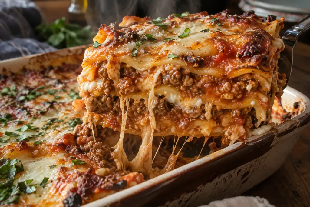 Slice of classic beef lasagna lifted from the pan showing layered cheese and meat sauce
