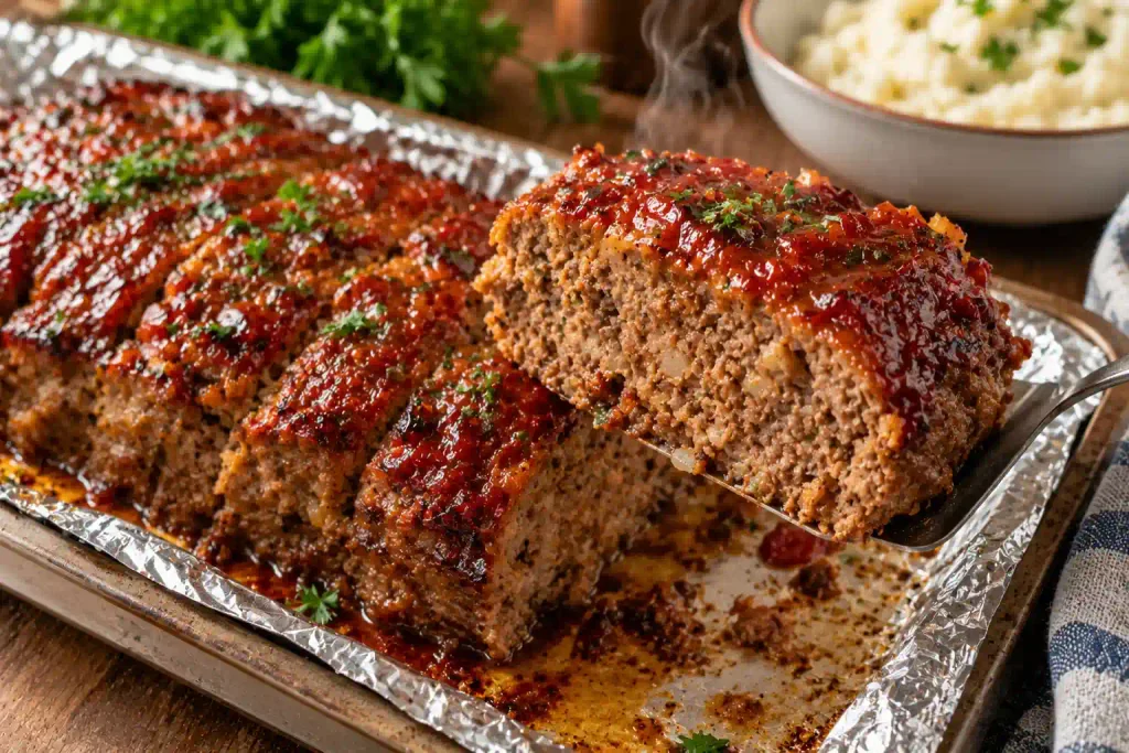 Ground Beef Recipes: 12 Hearty Dinners for Weeknights and Weekends 11 Spatula lifting a glazed meatloaf slice from a sheet pan