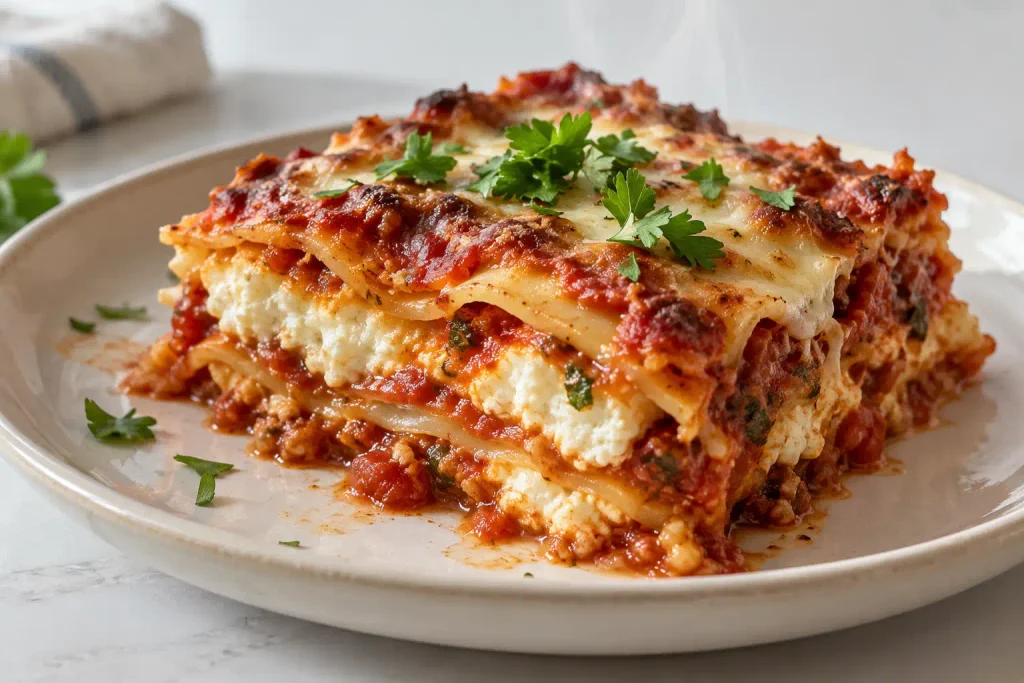 Angled slice of cottage cheese lasagna showing lighter cheese layers and sauce