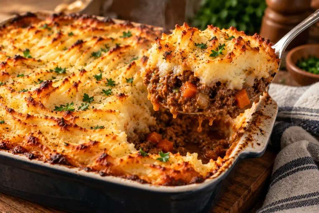 Ground Beef Recipes: 12 Hearty Dinners for Weeknights and Weekends 10 Spoonful of cottage pie showing browned mashed potato over beef filling