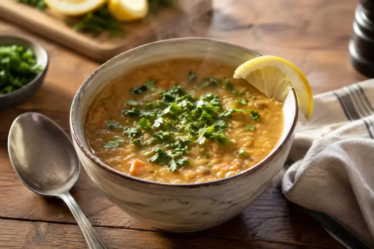 Bowl of creamy lentil soup garnished with parsley and a lemon wedge
