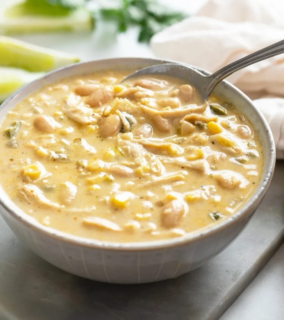 Creamy white chicken chili with shredded chicken, white beans, corn, and green chiles served in a bowl with a spoon.