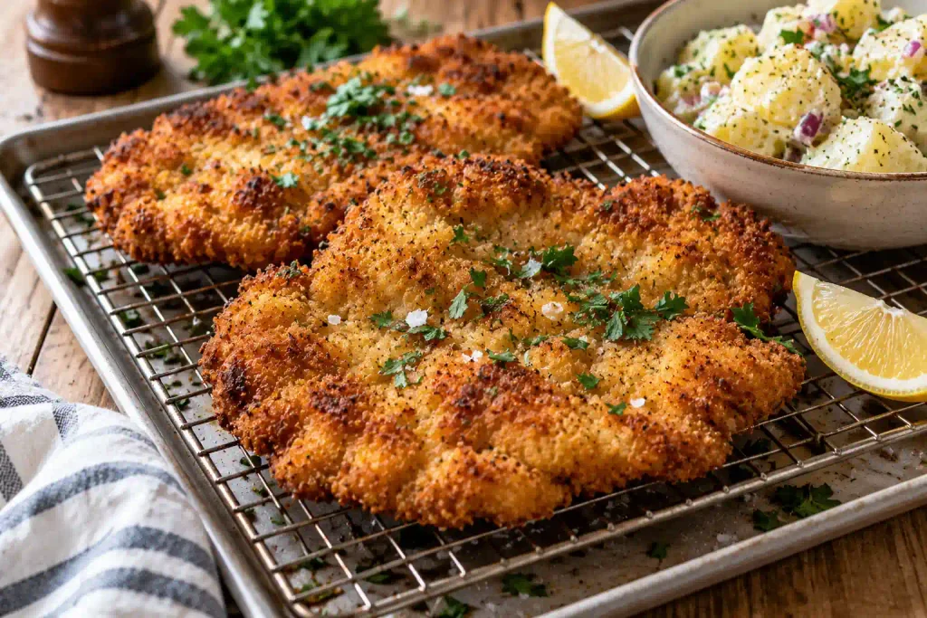 Chicken Breast Recipes: 12 Juicy Ways to Fix Weeknight Dinner 6 Golden fried chicken schnitzel cooling on a wire rack with lemon