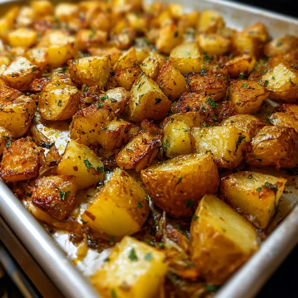 Roasted Potatoes Recipe: A Crispy Crust and Soft Middle for 6 2 Crispy golden roasted potato chunks with herbs and browned edges on a sheet pan.