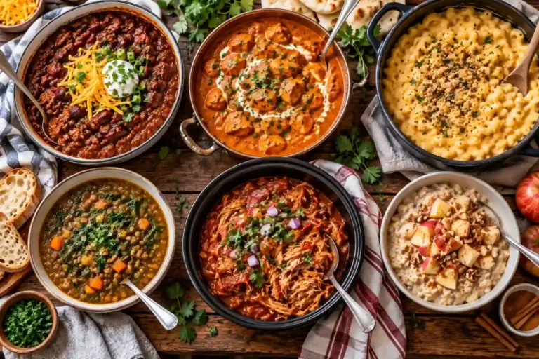 Overhead spread of crockpot recipes including chili, tikka masala, mac and cheese, lentil soup and salsa chicken