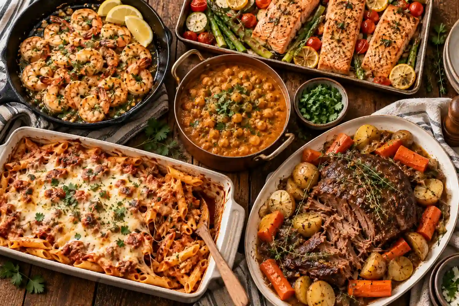 Dinner Ideas: 12 Easy Recipes for Fast Nights and Slow Ones 1 Overhead spread of five easy dinner ideas on a wooden table: shrimp, salmon, curry, ziti and pot roast