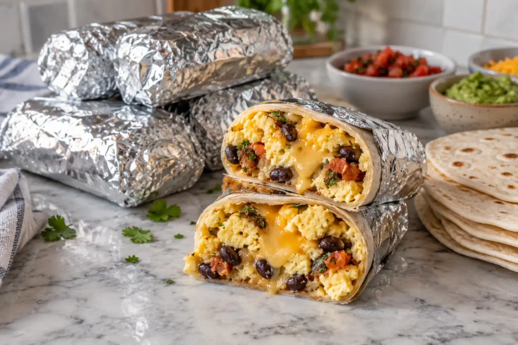 Freezer breakfast burritos wrapped in foil with one cut open