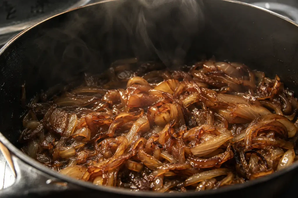 French Onion Soup Recipe: A Golden, Deeply Caramelized French Classic in 6 Steps 5 Deeply caramelized mahogany brown onions glistening in a pot