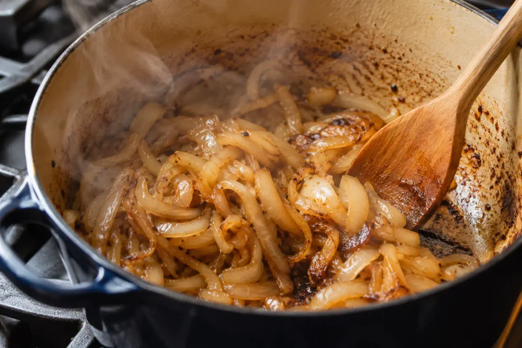 French Onion Soup Recipe: A Golden, Deeply Caramelized French Classic in 6 Steps 4 Onions caramelizing in a Dutch oven with a wooden spoon scraping the pot