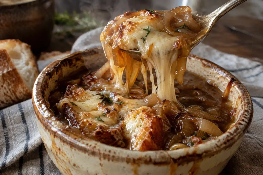 French Onion Soup Recipe: A Golden, Deeply Caramelized French Classic in 6 Steps 7 Spoon lifting a cheesy bite of French onion soup with a cheese pull