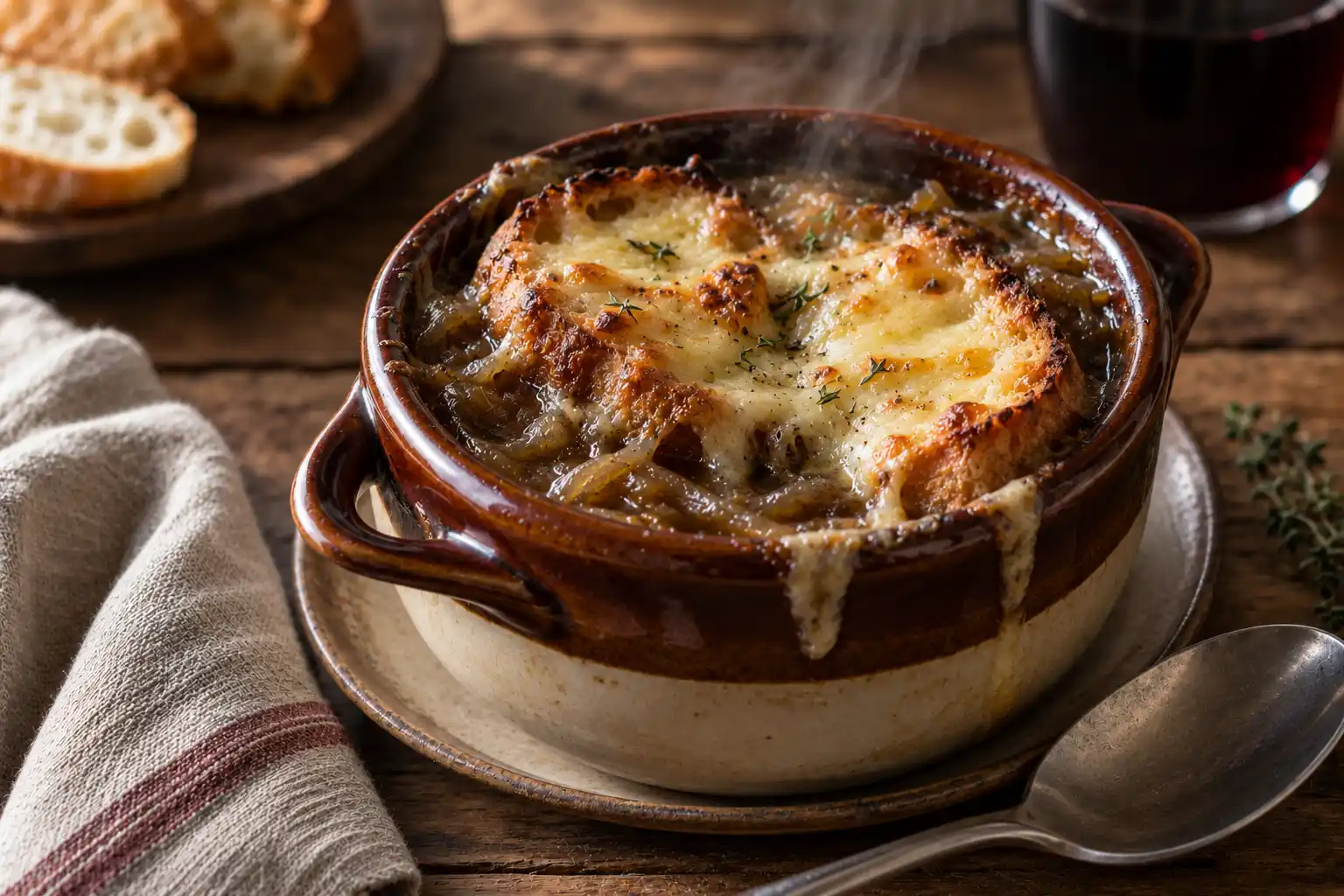 of field, food photography, natural textures, high detail, no text, no watermark] [ALT TEXT: Bowl of French onion soup with melted Gruyere crust and toasted baguette