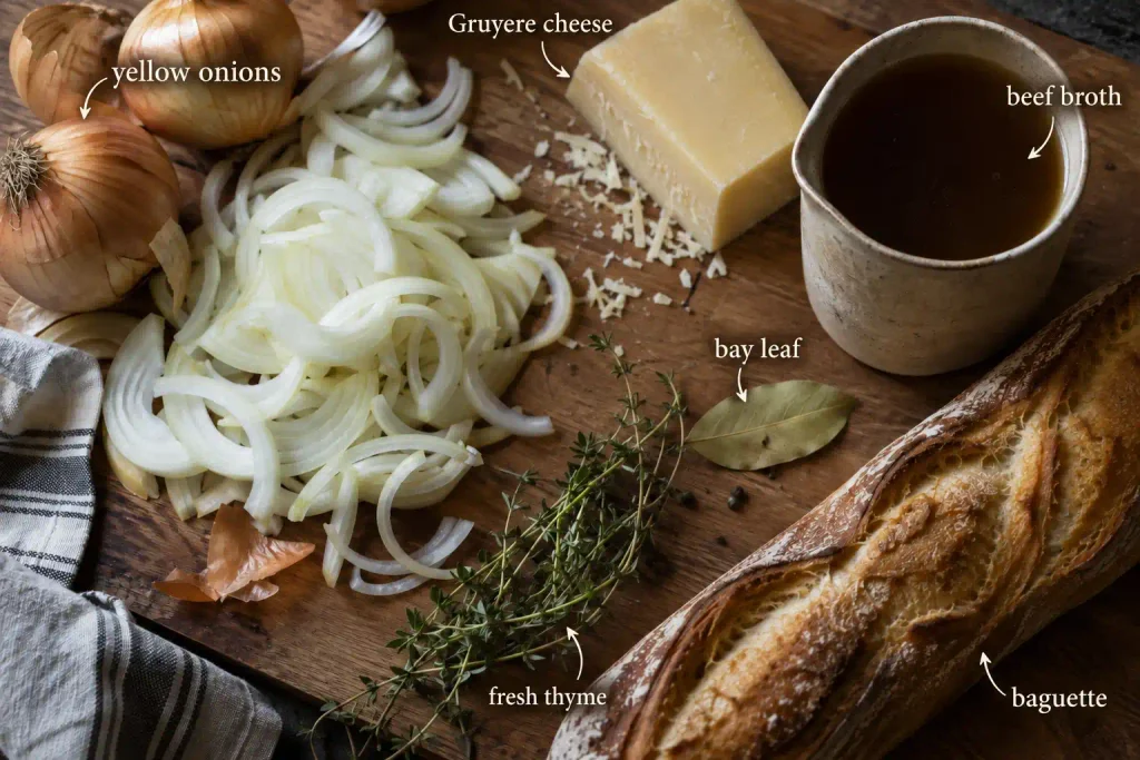 French Onion Soup Recipe: A Golden, Deeply Caramelized French Classic in 6 Steps 3 Raw ingredients for French onion soup arranged on a wood board