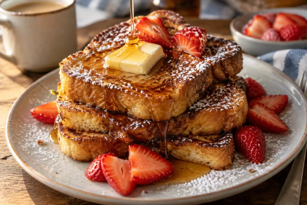 Stack of golden french toast with melted butter and maple syrup
