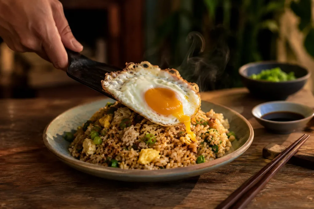 Fried egg being added to a plate of homemade fried rice recipe for serving