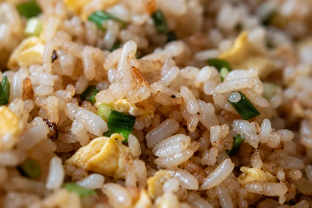Close up of fried rice recipe grains showing toasted brown spots and separate texture