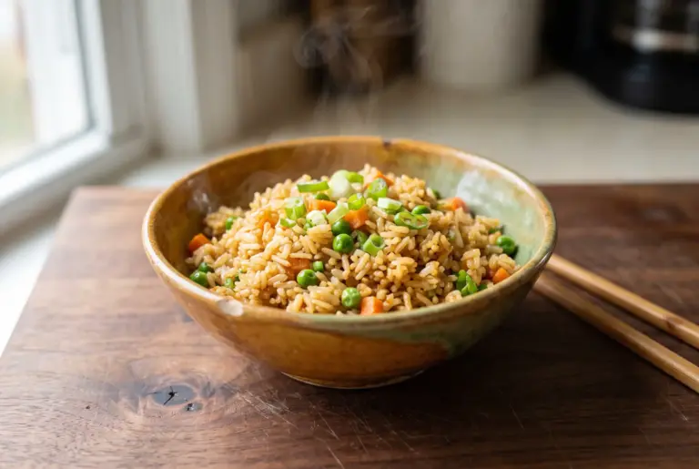 Fried Rice Recipe: A Smoky, 25 Minute Weeknight Skillet Dinner 10 Bowl of golden fried rice recipe garnished with green onion and served with chopsticks