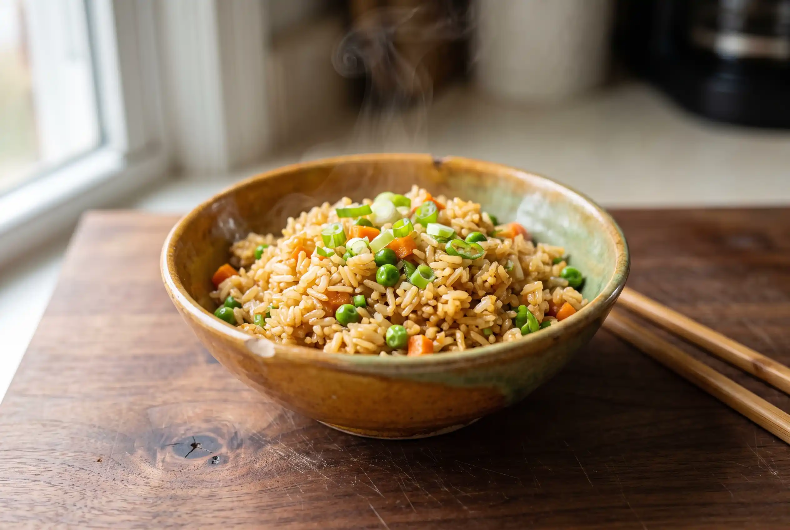 Bowl of golden fried rice recipe garnished with green onion and served with chopsticks