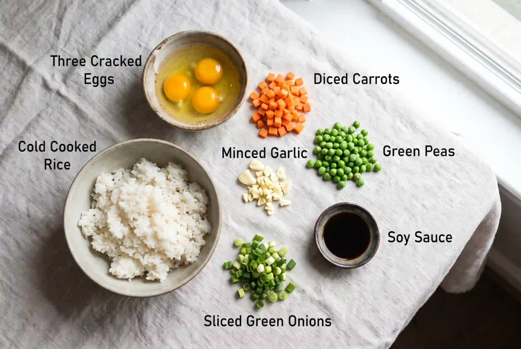 Overhead flat lay of easy fried rice recipe ingredients including rice, eggs, and vegetables