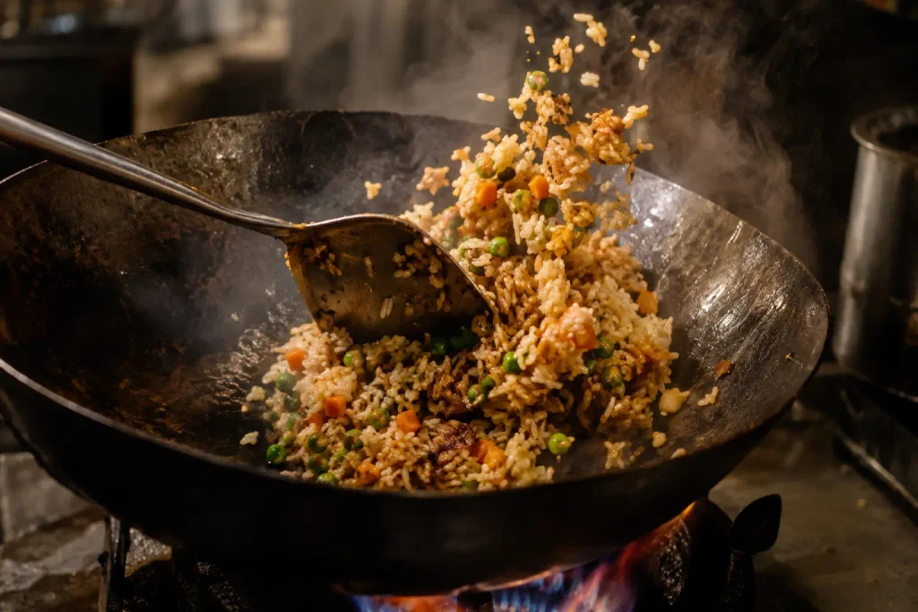 Fried rice recipe tossed in a hot wok with visible steam and toasted golden grains